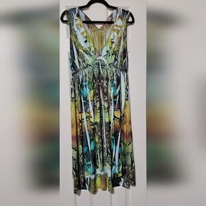 ONE WORLD Sleeveless Tropical Print Maxi Dress in Green, Yellow, Teal